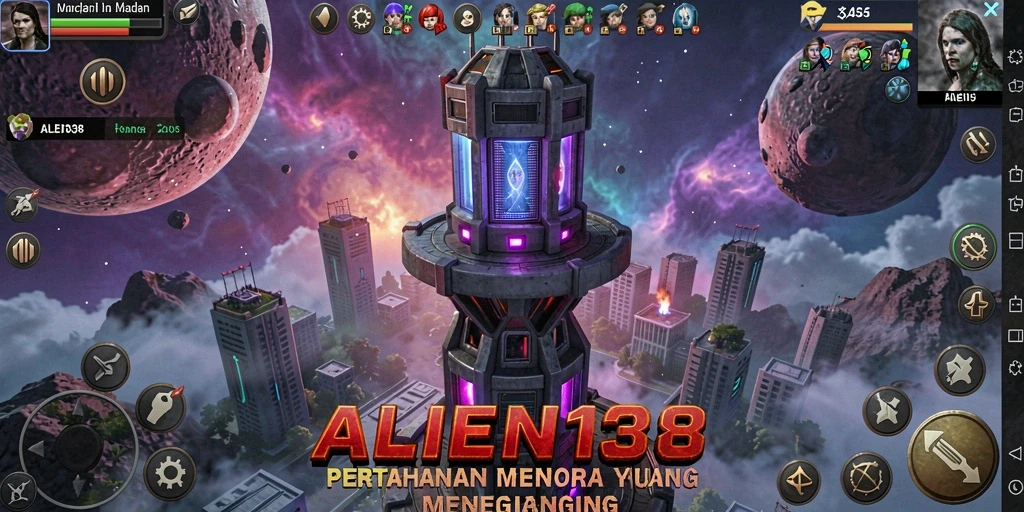 Screenshot gameplay ALIEN138 menampilkan aksi menara pertahanan yang mendebarkan.