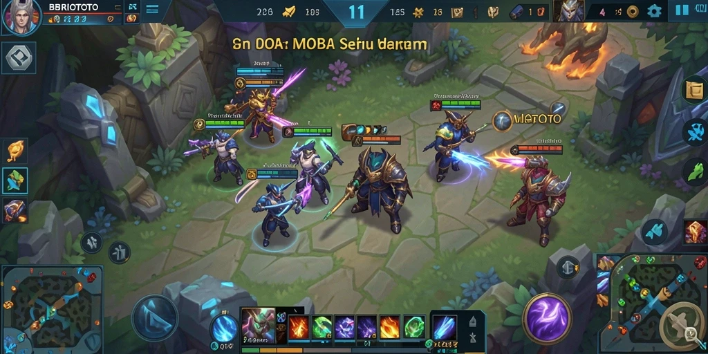 Screenshot BRIOTOTO menampilkan pertarungan seru antar tim di arena MOBA.