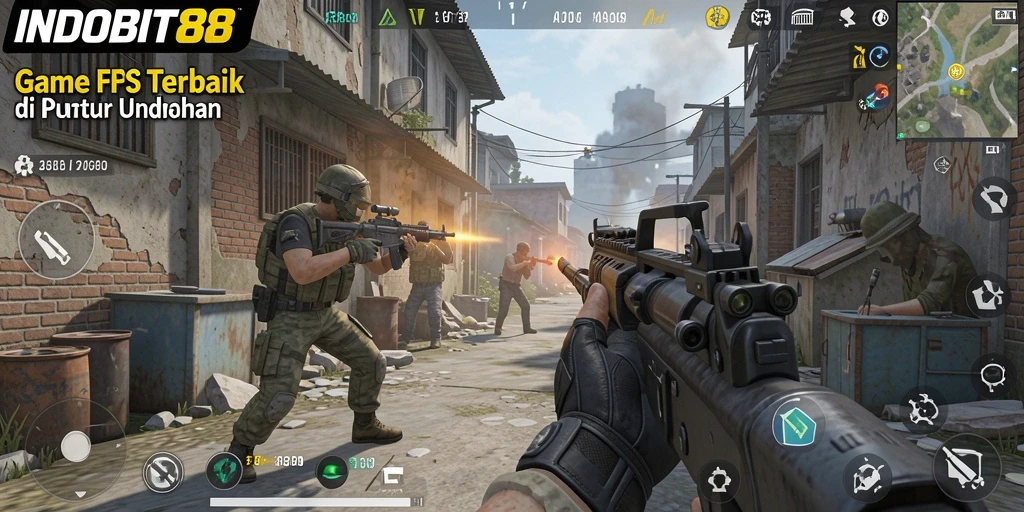 Tangkapan layar menunjukkan aksi seru gameplay FPS di INDOBIT88.