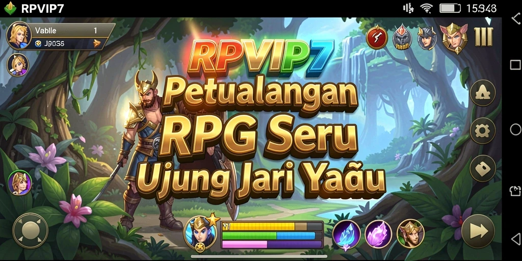 Screenshot RPVIP7 menampilkan karakter berdiri di tengah pertarungan RPG.