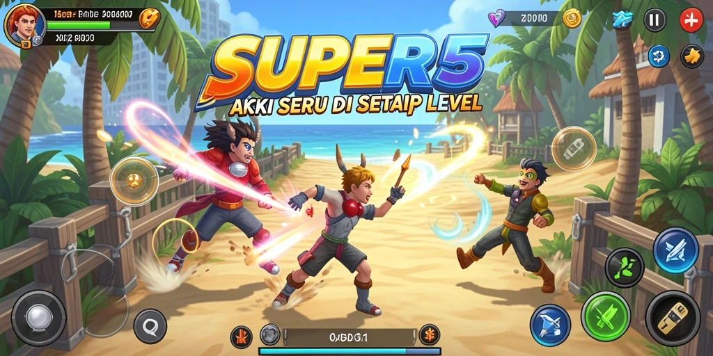Tampilan aksi seru dalam permainan SUPER5 di level yang menantang.